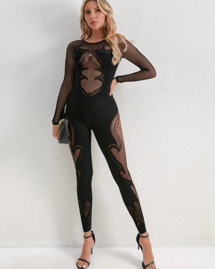 Fishing Net Sheer Long Sleeve Jumpsuit