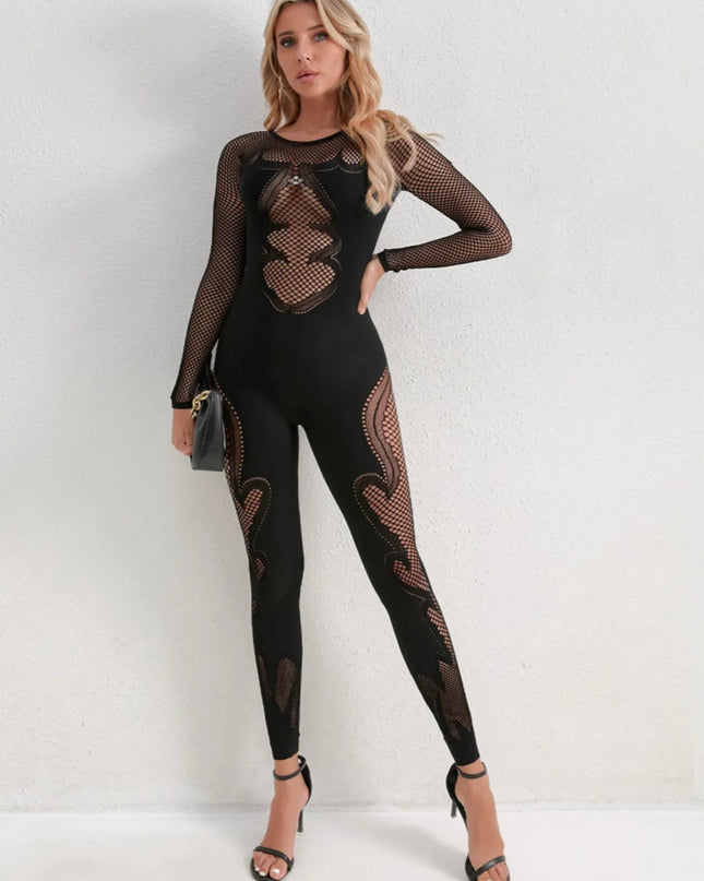 Fishing Net Sheer Long Sleeve Jumpsuit