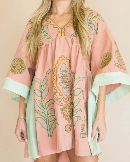 Printed V-Neck Kimono Sleeve Mini Dress