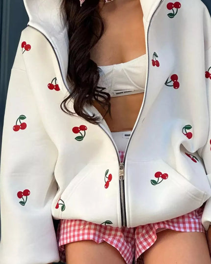 Cherry Print Oversized Zip-Up Hoodie