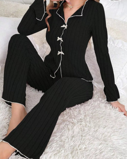 Ribbed Bow Front Top and Pants Lounge Set