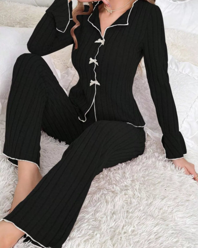 Ribbed Bow Front Top and Pants Lounge Set
