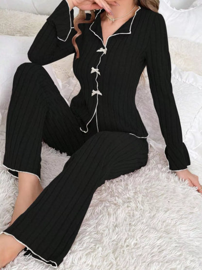 Ribbed Bow Front Top and Pants Lounge Set
