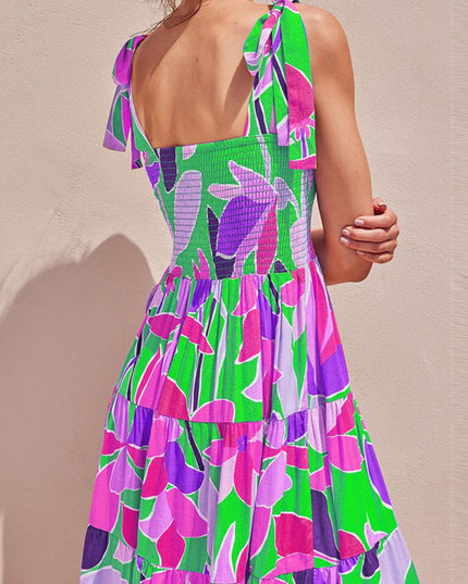 Floral Tie-Shoulder Smocked Midi Dress