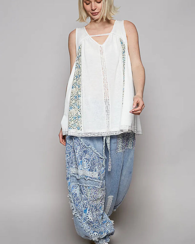 POL V Neck Sleeveless Tank Top with Lace Detail