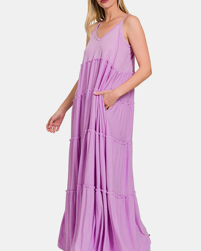 Zenana Frill Tiered V-Neck Maxi Cami Dress BLAVENDER