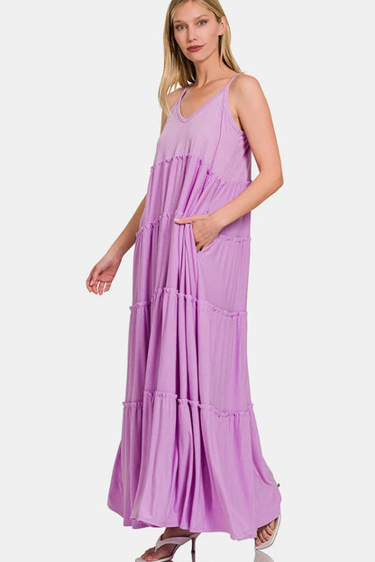 Zenana Frill Tiered V-Neck Maxi Cami Dress BLAVENDER
