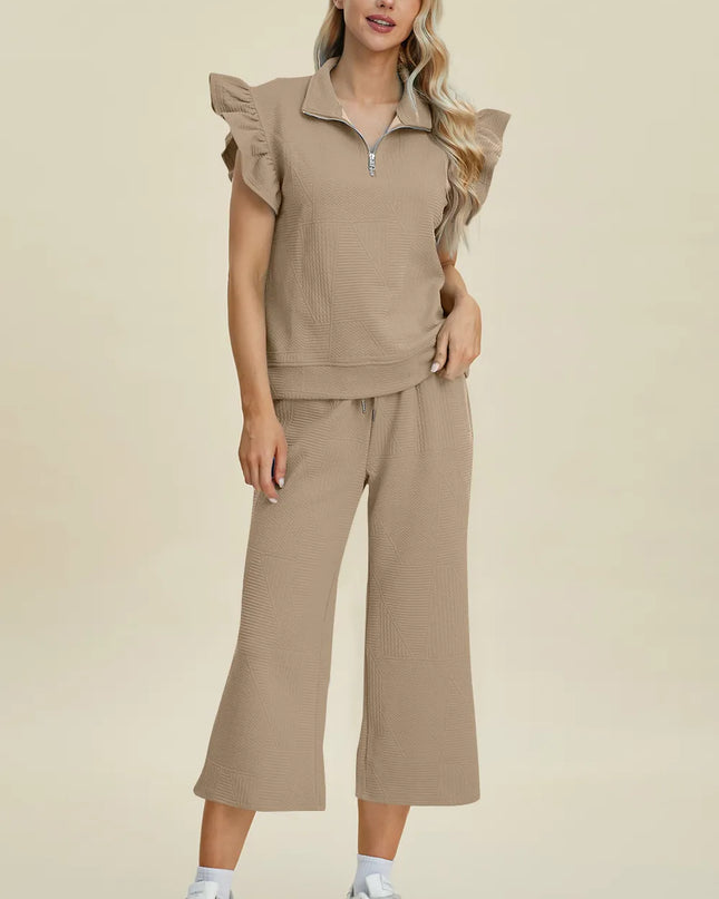 Double Take Full Size Texture Ruffle Short Sleeve Top and Wide Leg Pants Set Khaki