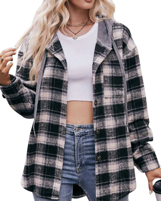Oversized Plaid Button Up Shacket Black