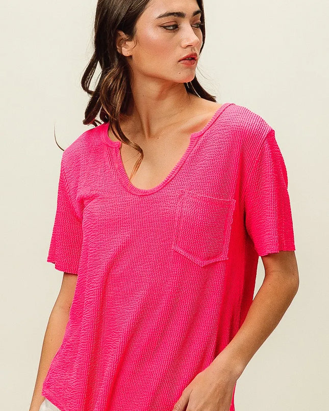 BiBi Waved Rib U Neck Top With Front Pocket