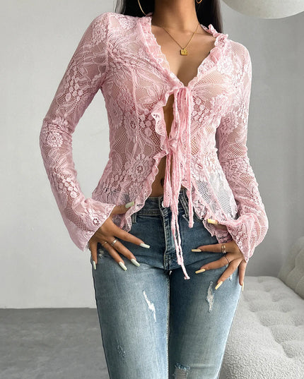 Tie Front Long Sleeve Lace Top