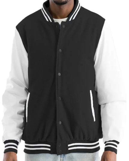 WEIV Men's Full Size Varsity Bomber Jacket with Leather Sleeves Plus Size BLACK WHITE