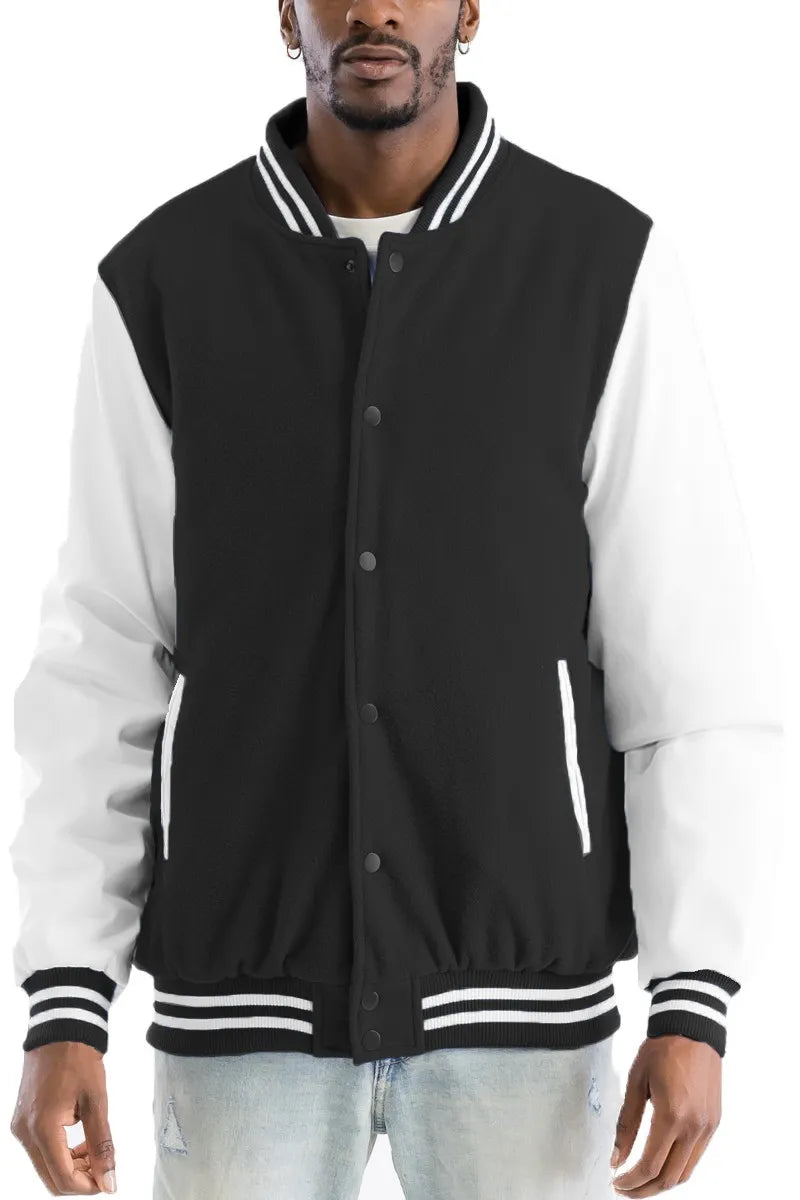 WEIV Men's Full Size Varsity Bomber Jacket with Leather Sleeves Plus Size BLACK WHITE