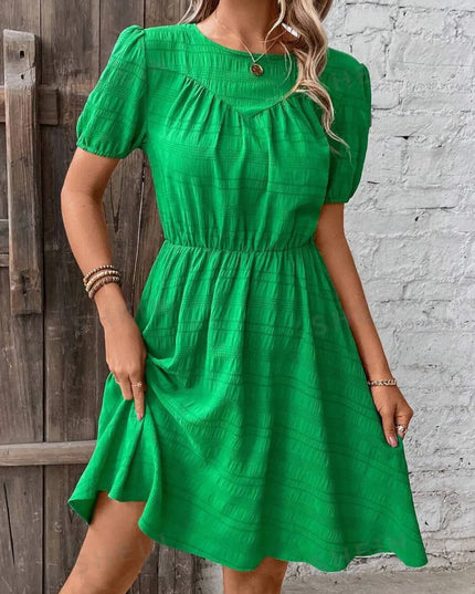Ruched Round Neck Short Sleeve Mini Dress