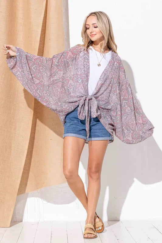 And The Why Sheer Front Tie Knot Oversized Kimono Wrap Cover Up