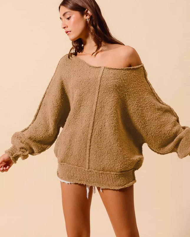 SO ME Loose Fit Exposed Seam Slouchy Boucle Sweater