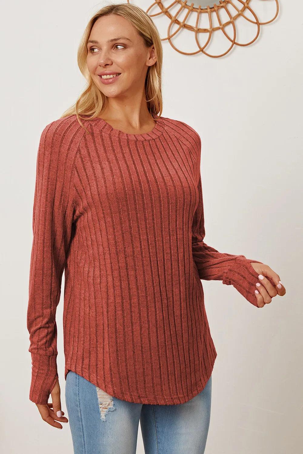 Basic Bae Full Size Ribbed Thumbhole Sleeve T-Shirt Rust