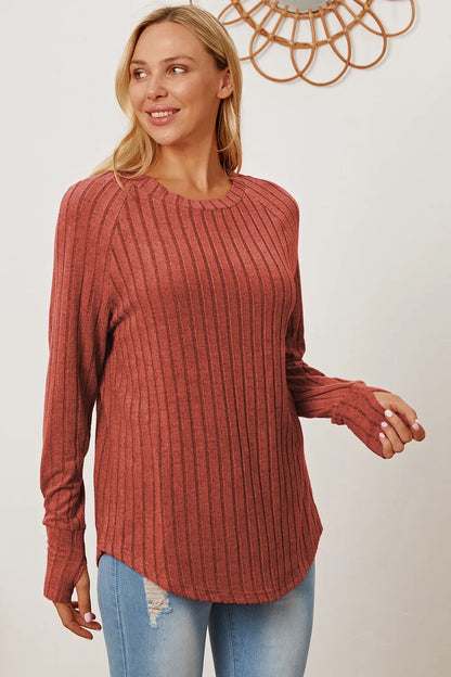 Basic Bae Full Size Ribbed Thumbhole Sleeve T-Shirt Rust