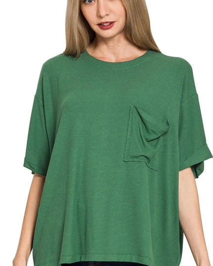 Zenana Oversized Ribbed Round Neck Short Sleeve Tee DK GREEN