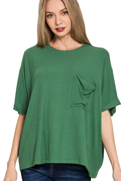 Zenana Oversized Ribbed Round Neck Short Sleeve Tee DK GREEN