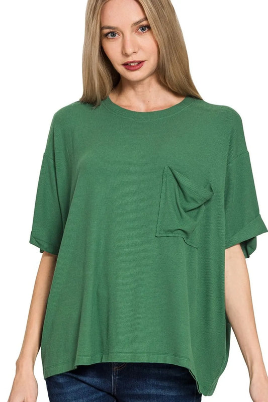 Zenana Oversized Ribbed Round Neck Short Sleeve Tee DK GREEN