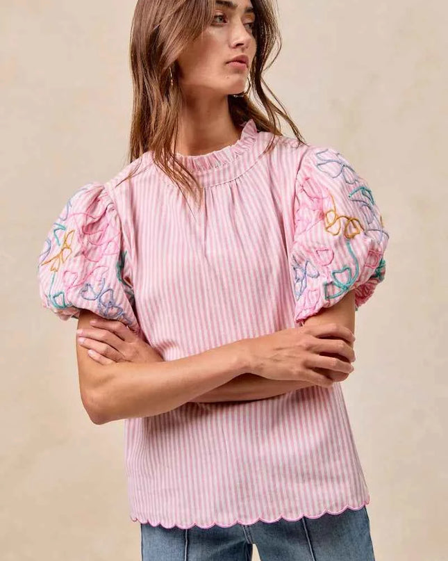 BiBi Embroidery Bubble Sleeve Top With Bottom Scallop Detail