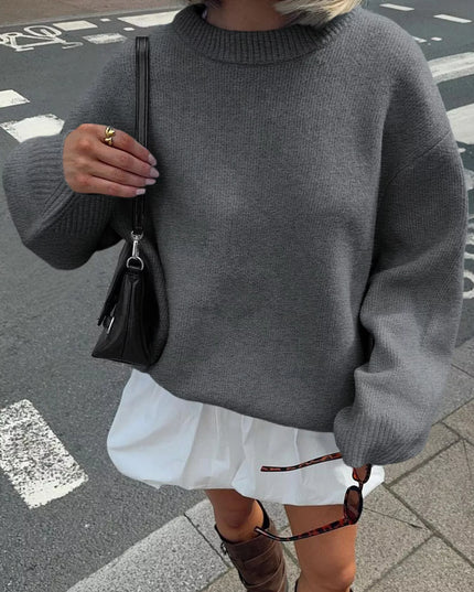 Ribbed Round Neck Dropped Shoulder Sweater