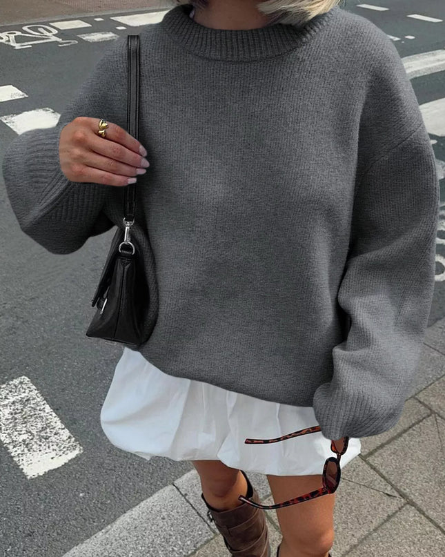 Ribbed Round Neck Dropped Shoulder Sweater