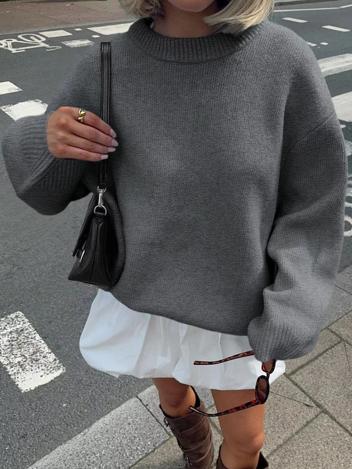 Ribbed Round Neck Dropped Shoulder Sweater
