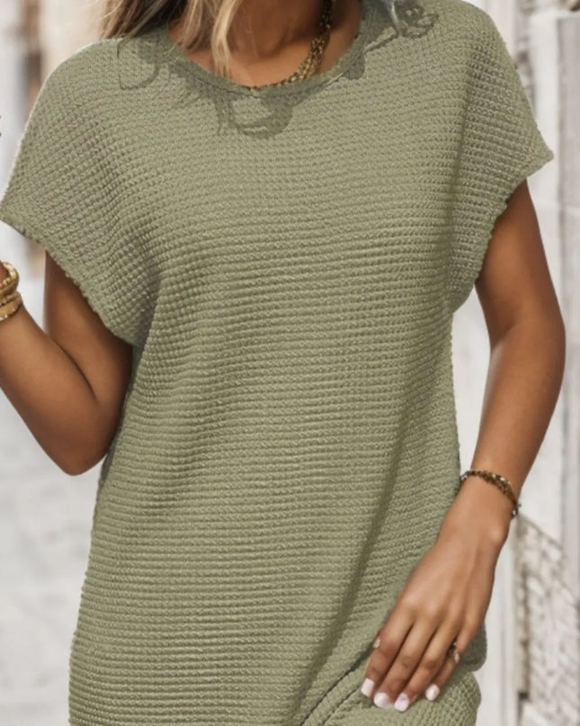 Waffle-Knit Cap Sleeve Knee Length Dress