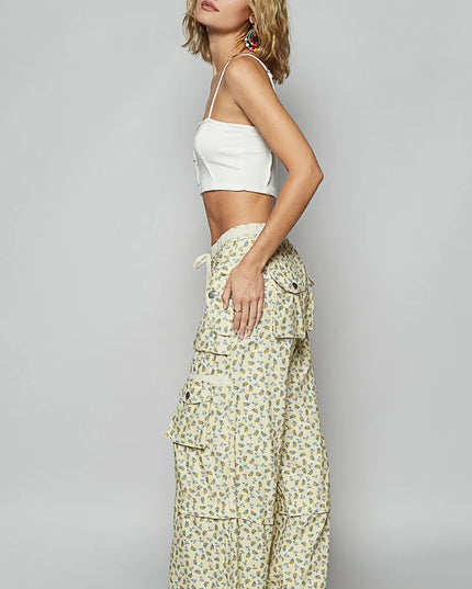 POL Floral Cargo Wide Leg Pants with Lace Drawstring