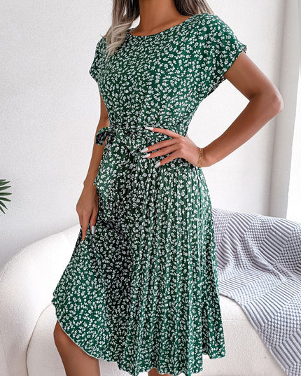 Ditsy Floral Pleated Belted Dress
