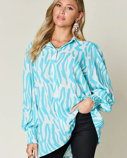Double Take Full Size Printed Smocked Long Sleeve Blouse Plus Size Aqua