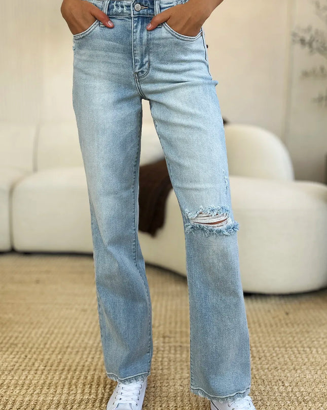 Judy Blue Full Size High Waist Distressed Straight Jeans Light