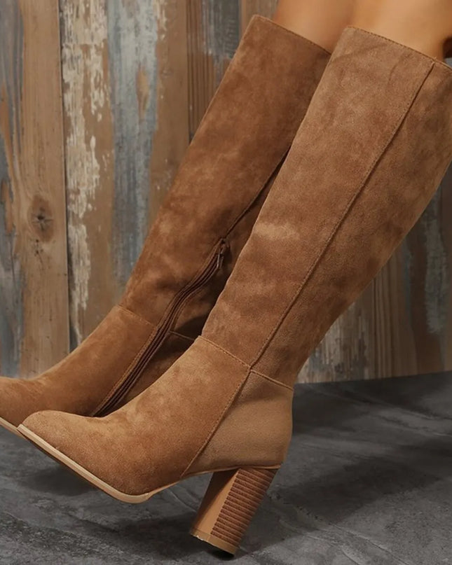 Point Toe Block Heels Boots Khaki