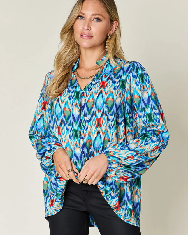 Double Take Full Size Printed Balloon Sleeve Blouse Sky Blue