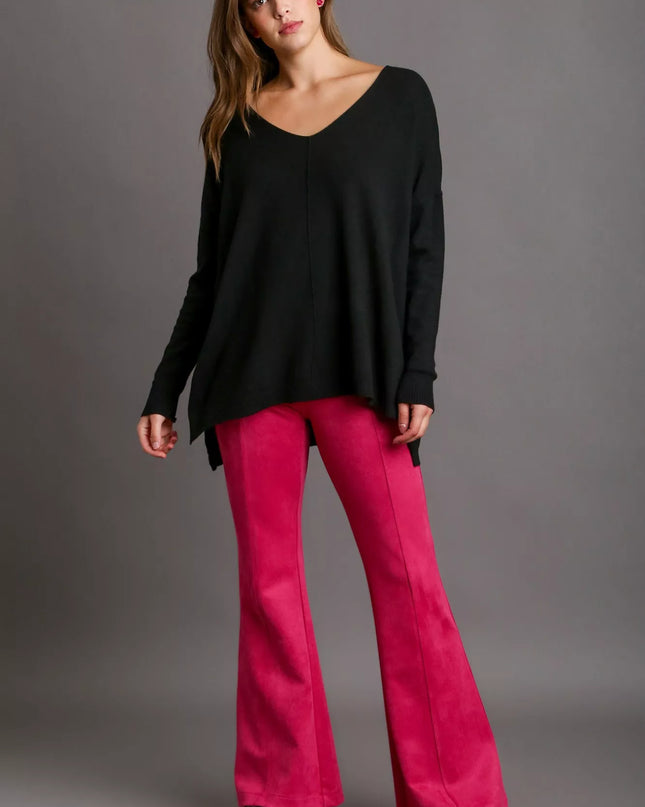 Umgee V-Neck High Low Hem Knit Top with Side Slit
