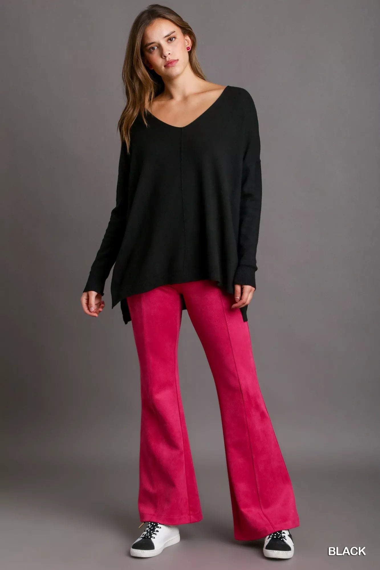 Umgee V-Neck High Low Hem Knit Top with Side Slit