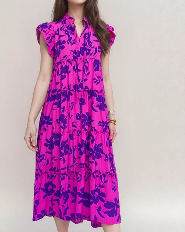 Oh Full Size Ruffled Printed Notched Cap Sleeve Midi Dress Red-Violet