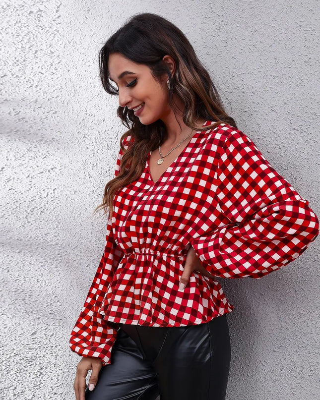 Plaid V-Neck Balloon Sleeve Peplum Blouse
