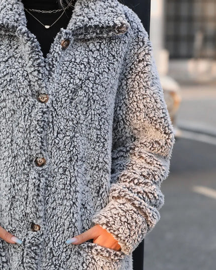 Pocketed Collared Neck Long Sleeve Plush Jacket