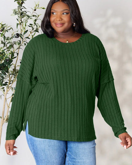 Basic Bae Full Size Ribbed Round Neck Slit Knit Top