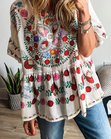 Floral Print Round Neck Ruffle Trim Blouse
