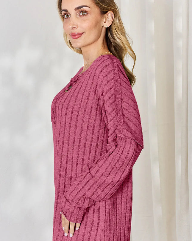 Basic Bae Full Size Ribbed Half Button Long Sleeve T-Shirt