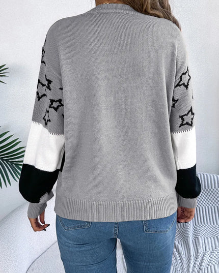 Star Contrast Round Neck Sweater