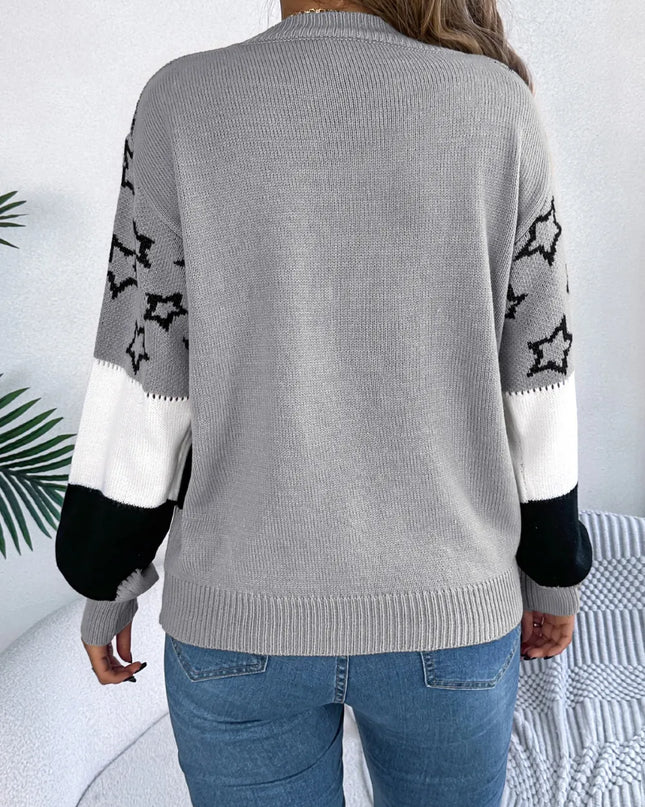 Star Contrast Round Neck Sweater