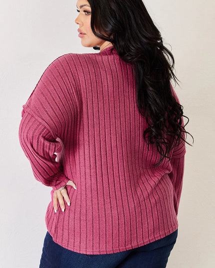 Basic Bae Full Size Ribbed Half Button Long Sleeve High-Low T-Shirt