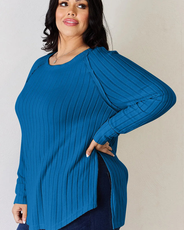 Basic Bae Full Size Ribbed Round Neck Slit T-Shirt