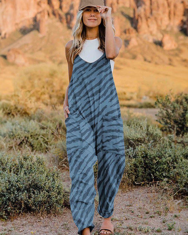 Double Take Full Size Printed V-Neck Sleeveless Jumpsuit Light Blue