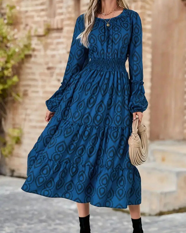 Printed Round Neck Balloon Sleeve Dress